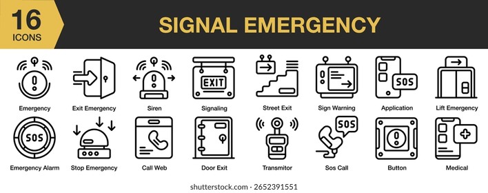 Signal Emergency icon set. Editable Stroke Icon Collection. Includes signal, alarm, emergency, danger, alert, and More. Outline icons vector collection.