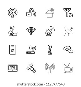 Signal icon. collection of 16 signal outline icons such as bean, home connection, door ringer, tv, opened security lock, wi-fi. editable signal icons for web and mobile.