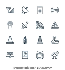 Signal icon. collection of 16 signal outline icons such as parking, cone barrier, cone, warning, candle, satellite, tv, camera. editable signal icons for web and mobile.
