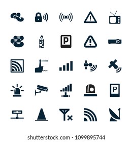Signal icon. collection of 25 signal filled icons such as bean, parking, warning, candle, camera, satellite, wi-fi, security lock. editable signal icons for web and mobile.