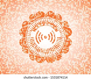 signal icon inside abstract emblem, orange mosaic background