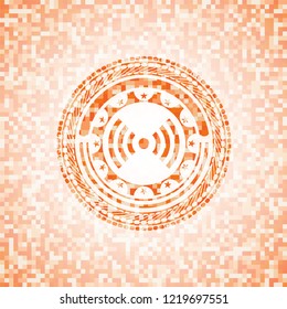 signal icon inside abstract orange mosaic emblem with background