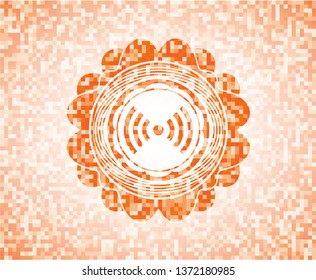 signal icon inside abstract orange mosaic emblem