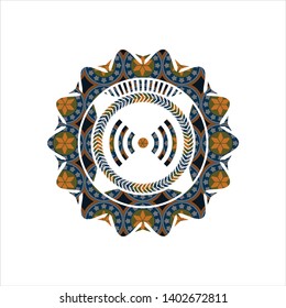 signal icon inside arabic badge background. Arabesque decoration.