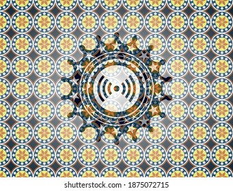 signal icon inside arabic badge. Arabesque decoration. 