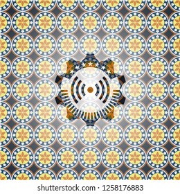 signal icon inside arabic emblem. Arabesque decoration.