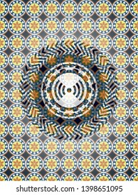 signal icon inside arabic style badge. Arabesque decoration.