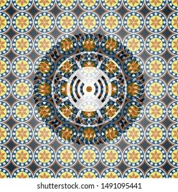 signal icon inside arabic style badge. Arabesque decoration.