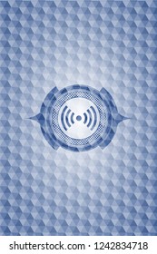 signal icon inside blue badge with geometric background.