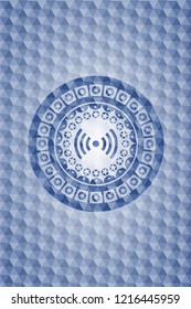 signal icon inside blue emblem or badge with geometric pattern background.