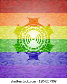 signal icon inside emblem on mosaic background with the colors of the LGBT flag