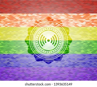 signal icon inside emblem on mosaic background with the colors of the LGBT flag