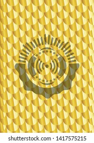 signal icon inside golden badge. Scales pattern. Vector Illustration. Detailed.
