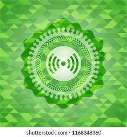 signal icon inside green emblem with mosaic ecological style background