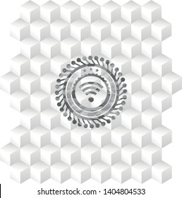 signal icon inside grey badge with geometric cube white background