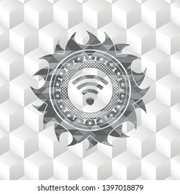  signal icon inside grey emblem. Vintage with geometric cube white background