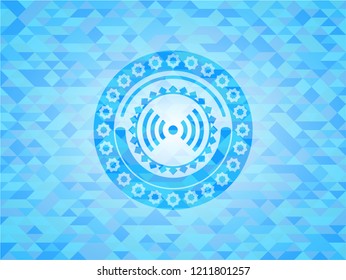 signal icon inside light blue emblem with mosaic ecological style background