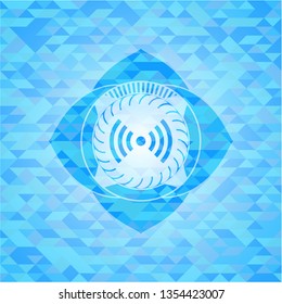 signal icon inside light blue emblem. Mosaic background