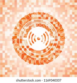 signal icon inside orange tile background illustration. Square geometric mosaic seamless pattern with emblem inside.