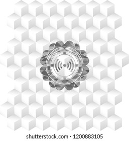 signal icon inside realistic grey emblem with geometric cube white background