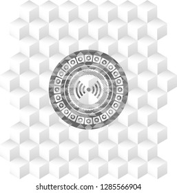 signal icon inside realistic grey emblem with geometric cube white background