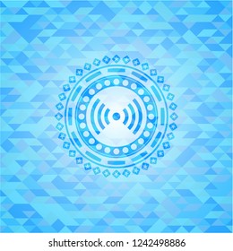 signal icon inside realistic sky blue emblem. Mosaic background