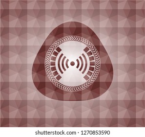 signal icon inside red seamless emblem or badge with abstract geometric pattern background.