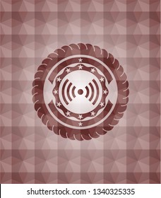 signal icon inside red seamless emblem or badge with abstract geometric polygonal pattern background.