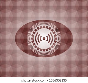signal icon inside red seamless emblem or badge with abstract geometric polygonal pattern background.
