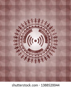 signal icon inside red seamless emblem or badge with geometric pattern background.