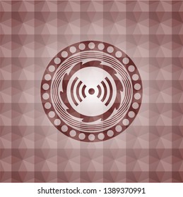 signal icon inside red seamless emblem or badge with abstract geometric polygonal pattern background.