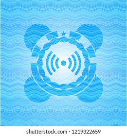 signal icon inside sky blue water wave style emblem.