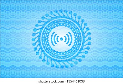signal icon inside sky blue water wave style emblem.