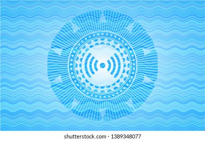 signal icon inside sky blue water wave emblem background.