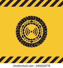 signal icon inside warning sign, black grunge emblem. Vector Illustration. Detailed.