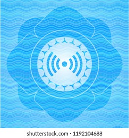 signal icon inside water wave emblem background.