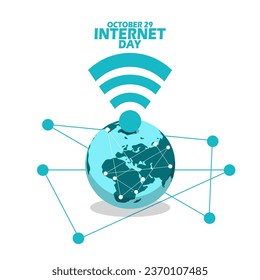 Signal icon on earth with network lines and bold text on white background to commemorate National Internet Day on October 29