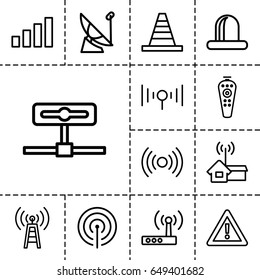 Signal icon. set of 13 outline signa licons such as cone, warning, siren, remote control, signal, home signal, router, transmitter, camera