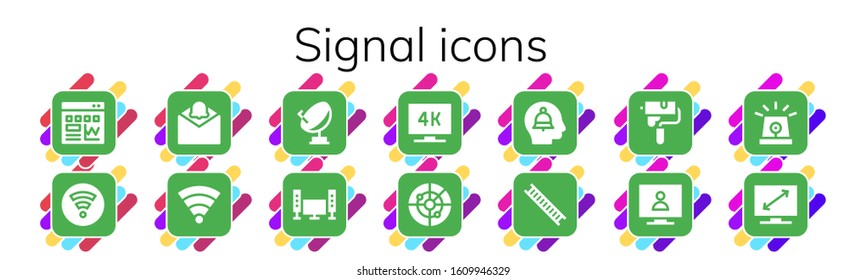 signal icon set. 14 filled signal icons. Included Traffic, Wifi, Notification, Satellite, Television, Radar, Alert, Ladder, Paint roller, Siren icons