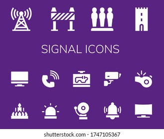 conjunto de iconos de señal. 14 iconos de señal rellenados.  Iconos modernos sencillos como: Torre, Barrera, Vela, Tv, Alarma, Llamada Telefónica, Televisión, Cctv, Silbato