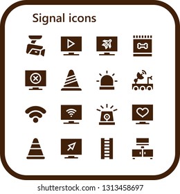 signal icon set. 16 filled signal icons.  Simple modern icons about  - Cctv, Television, Feed, Cone, Alarm, Satellite dish, Wifi signal, Siren, Ladder