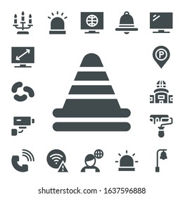 signal icon set. 17 filled signal icons.  Simple modern icons such as: Candle, Television, Jelly beans, Cone, Security camera, Parking sign, Roller, Phone call, Siren, Wifi, News