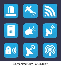 Signal icon. set of 9 filled signal icons such as siren, wi-fi, satellite, door ringer, security lock