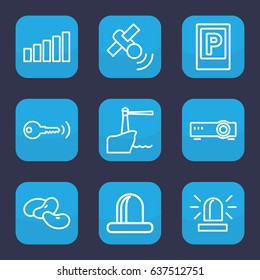 Signal icon. set of 9 outline signal icons such as parking, bean, siren, signal, lighthouse, satellite, key