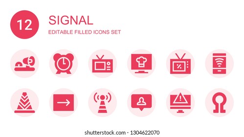signal icon set. Collection of 12 filled signal icons included Ambulance lights, Alarm, Television, Cone, Emergency, Signal tower, Notification, Alert, Free wifi, Death