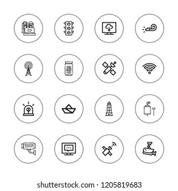 Signal icon set. collection of 16 outline signal icons with antenna, bell, cctv, lighthouse, jelly beans, paper ship, satellite, security cam, traffic light, whistle icons.