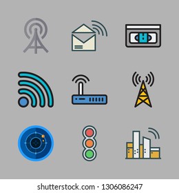 signal icon set. vector set about traffic lights, radio antenna, wifi and vhs icons set.