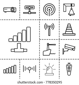 Signal icons. set of 13 editable outline signal icons such as cone, remote control, camera, bell, lighthouse, security camera, router