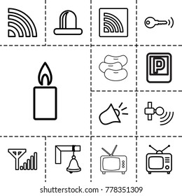 Signal icons. set of 13 editable outline signal icons such as siren, tv, wi-fi, candle, bell, key, bean, parking