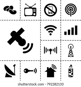 Signal icons. set of 13 editable filled signal icons such as bean, candle, tv, satellite, wi-fi, key, no phone
